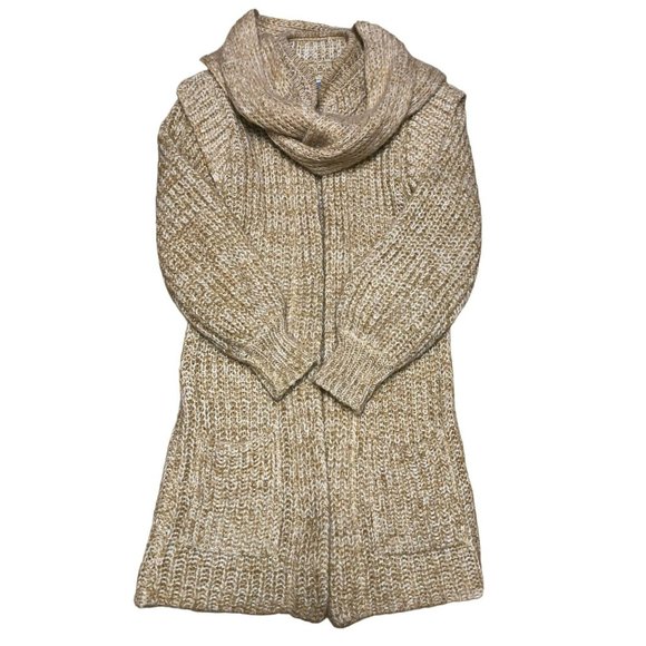 LIANA PETITES Sweaters - VTG TAN LONG CARDIGAN SWEATER SIZE S OPEN FRONT WITH SCARF LIANA PETITES WOMENS
